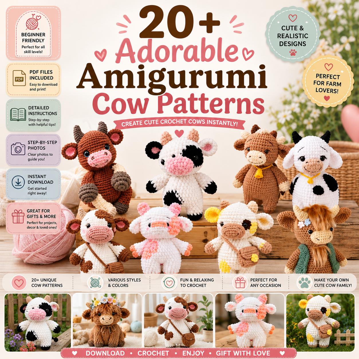 牛の編み図20種類以上セット｜あみぐるみ牛PDFコレクション｜かわいい