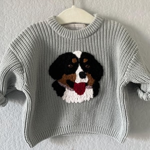 May include: A pale grey knitted sweater featuring a dog face appliqué. The dog has black, brown, and white fur, with a red tongue. The sweater has a crew neck and long sleeves with rolled cuffs. It hangs on a white hanger.