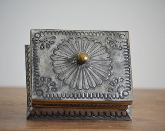 Vintage Hammered Tin Box | Jewelry Box | Keepsake Box | Trinket Box | Vanity Box | Box with Mirror | Mexican Folk Art | Punched Tin Box