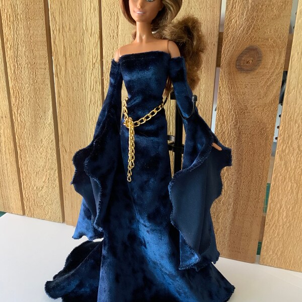Navy blue Medieval Gown Designed for Barbie Model Muse Body Type not curvy