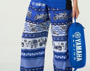 Rari pantaloni Yamaha in seta thailandese con elefante / Nero e blu / Moto da collezione in edizione limitata dalla Thailandia