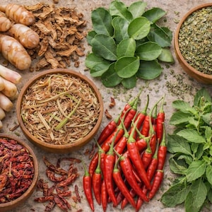 Op de afbeelding: Een overzichtsfoto van diverse verse kruiden en specerijen. De afbeelding bevat citroengras, rode pepers, basilicum en andere ingrediënten in houten kommen. De ingrediënten zijn gerangschikt op een getextureerd oppervlak, met een verscheidenheid aan kleuren en texturen.