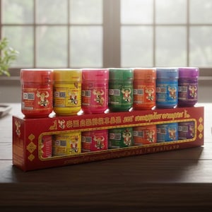 May include: A collection of cylindrical containers in various colours, including red, yellow, pink, green, orange, blue, and purple. Each container features a label with a graphic and text. The containers are displayed in a red box with text and graphics.