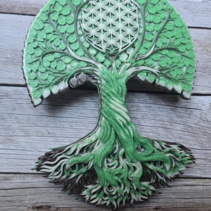 Väggskulptur av livets träd, 3D-tryckt PLA-relief med helig geometri