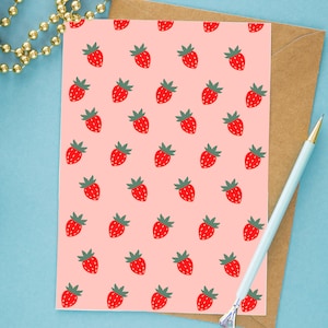Carte de voeux d'été - Bonjour carte d'été, carte d'amitié aux fraises, carte aux fraises illustrée à la main, carte de voeux vierge aux fraises
