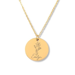 Personalized Birthflower Necklace: Engraved Floral Charm, Custom Name