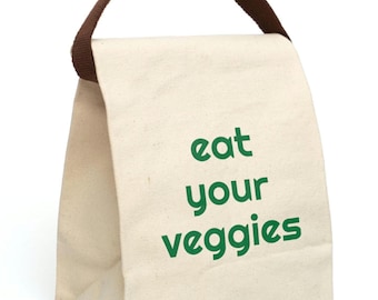 Bolsa de lona para el almuerzo "Come tus verduras": bolsa reutilizable y ecológica (20,3 cm x 31,7 cm x 14 cm)