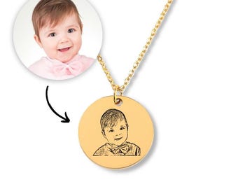 Custom Baby Portrait Necklace, Engraved Photo Charm, Personalized Keepsake, Gold Plated Pendant