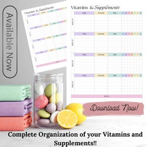 Puede incluir: Imagen de un rastreador de vitaminas y suplementos con secciones para artículo, dosis y hora. Un tarro de cristal lleno de caramelos de colores y un limón están en primer plano. El texto "Download Now!" es visible.