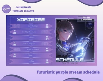 Puede incluir: Una plantilla de programación de transmisión futurista en morado y blanco con el texto "XOAIRIEE" en la parte superior. La programación incluye fechas del 22 de marzo al 28 de marzo y enumera diferentes actividades para cada día. El fondo presenta una ilustración estilizada de una persona con un atuendo futurista.