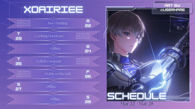 May include: A purple and white schedule for a streamer named XOAIRIEE. The schedule includes the days of the week, dates, and times for live streams. The streamer's avatar is a young man with silver hair, wearing a blue and silver outfit. The text "ART BY: @USERNAME" is in the top right corner.