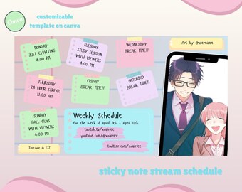 May include: A colourful sticky note schedule for a weekly stream with the text "sticky note stream schedule" at the bottom. The schedule includes days of the week, times, and activities such as "Just Chatting", "Study Session with Viewers", "24 Hour Stream", "Fall Guys with Viewers", and "Break Time!" The schedule also includes social media handles for Twitch, YouTube, and Twitter.