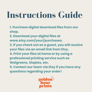 May include: Instructions for purchasing and printing digital download files from the Golden Hour Prints shop. The instructions include downloading files from Etsy, printing at home or using a professional printing service, and contacting the shop for questions.