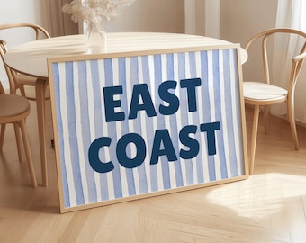 East Coast Print, Coastal Cowgirl Digital Download Print, Coastal Blue Striped Wall Art, Beachy Wall Art, Coastal Aesthetic, Blue and White