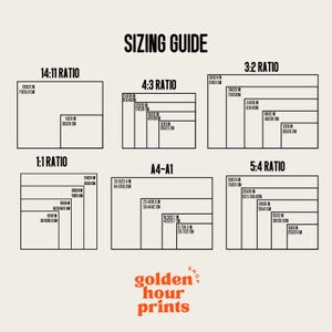 May include: Sizing guide for prints with different aspect ratios, including 14:11, 4:3, 3:2, 5:4, 1:1, and A4-A1. The guide shows the dimensions in inches and centimeters for each ratio.