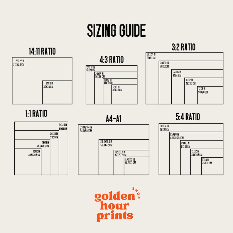 May include: Sizing guide for prints with different aspect ratios, including 14:11, 4:3, 3:2, 5:4, 1:1, and A4-A1. The guide shows the dimensions in inches and centimeters for each ratio.