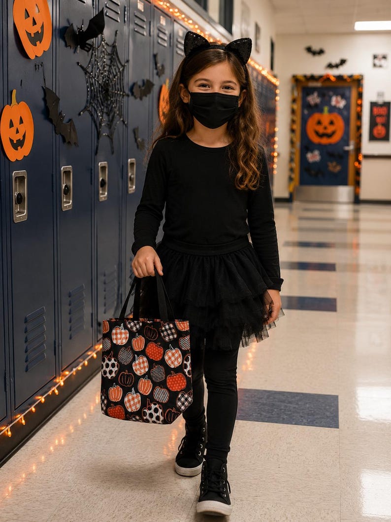 A black tote bag featuring a repeating pattern of orange, white, and black pumpkins in various plaid and polka dot designs. The bag has two black handles and is constructed from fabric, showcasing a festive seasonal aesthetic.