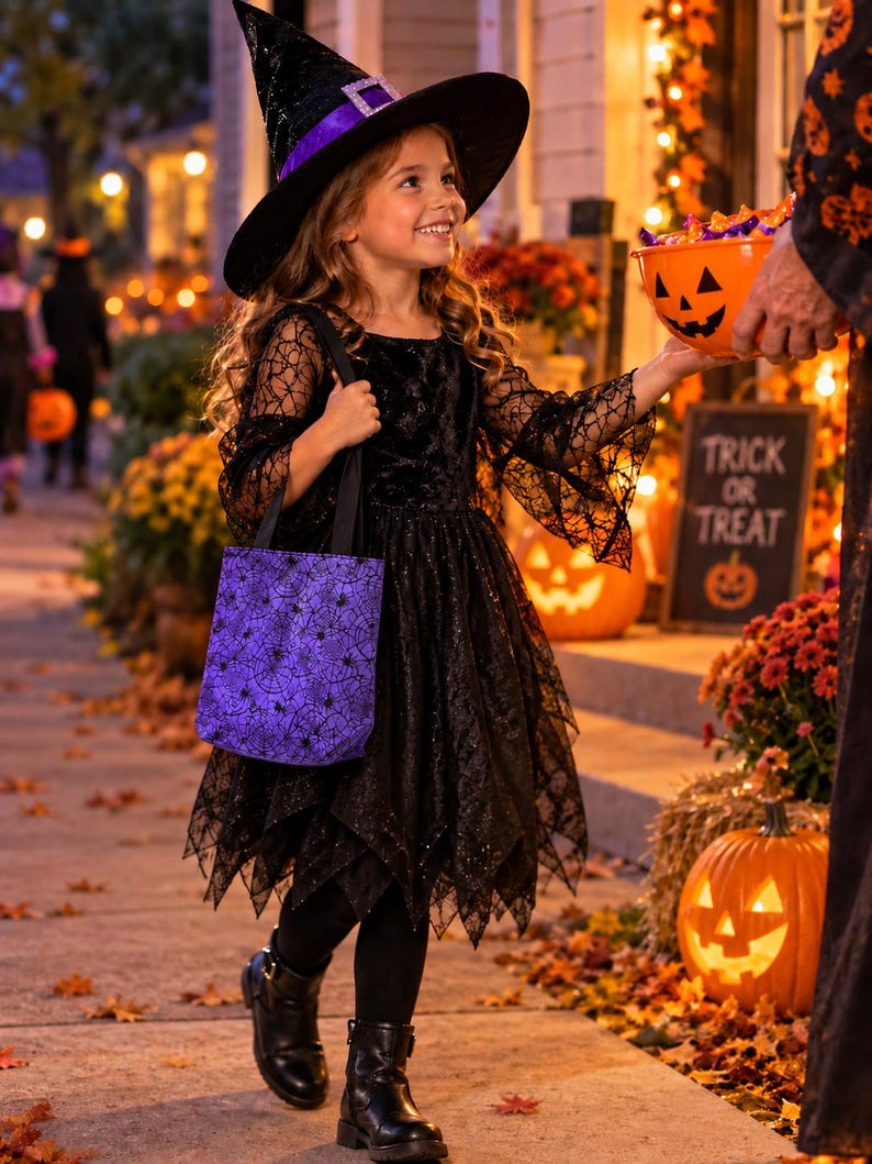 A young girl in a witches costume out trick or treating carrying a purple with spiders and webs Trick or Treat bag.