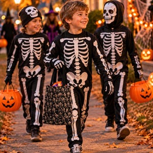 Three children wearing black long-sleeved shirts and pants featuring a white skeleton bone print. One child wears a black beanie with a skull, another a skeleton hood, and they carry orange plastic pumpkin buckets and a black tote bag.
