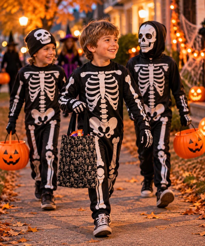 Three children wearing black long-sleeved shirts and pants featuring a white skeleton bone print. One child wears a black beanie with a skull, another a skeleton hood, and they carry orange plastic pumpkin buckets and a black tote bag.