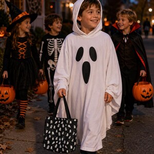 A white hooded ghost costume featuring a black oval-shaped eye and mouth print on the front, worn by a child carrying a black tote bag with a white ghost pattern. The costume is a loose-fitting, long-sleeved garment with a hood.
