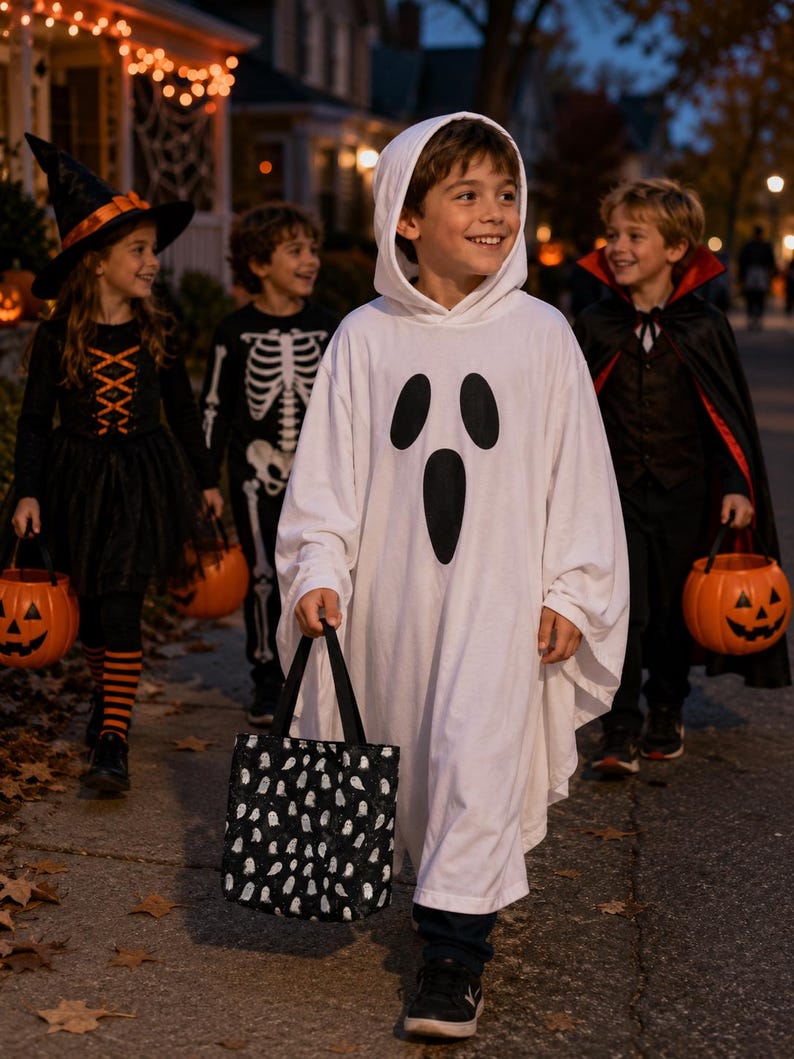 A white hooded ghost costume featuring a black oval-shaped eye and mouth print on the front, worn by a child carrying a black tote bag with a white ghost pattern. The costume is a loose-fitting, long-sleeved garment with a hood.