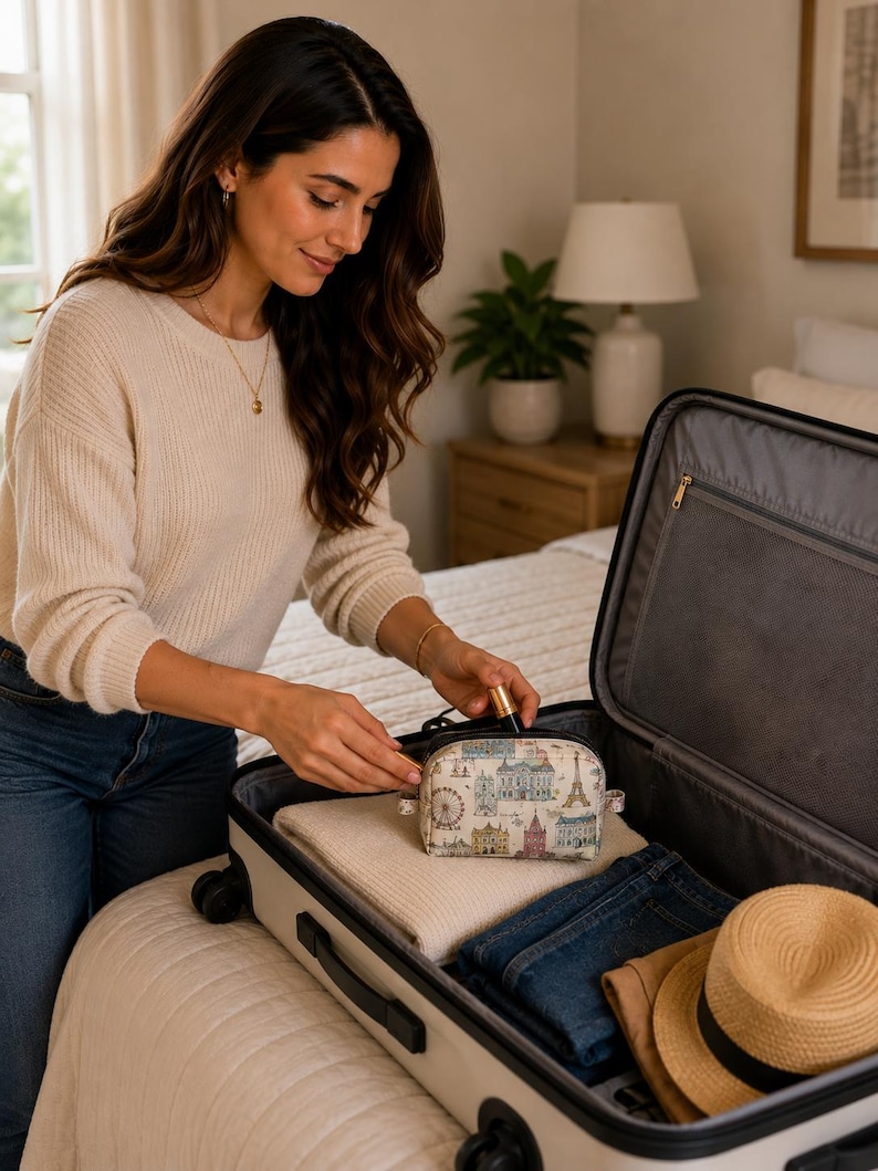 A smiling woman packing a small patterned zippered cosmetics bag into an open suitcase on a bed.