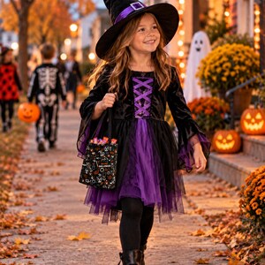 A black witch hat with a purple band and a black dress featuring long flared sleeves, a purple lace-up bodice detail, and a layered purple tulle skirt. A black trick-or-treat bag with a colorful Halloween pattern is carried by hand.