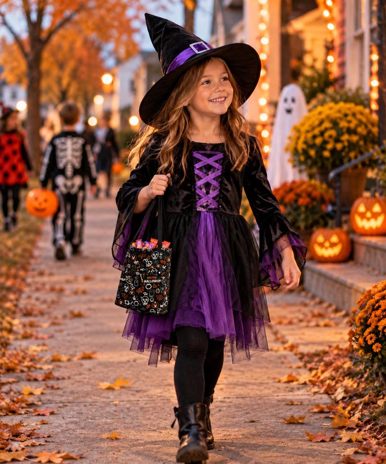 A black witch hat with a purple band and a black dress featuring long flared sleeves, a purple lace-up bodice detail, and a layered purple tulle skirt. A black trick-or-treat bag with a colorful Halloween pattern is carried by hand.