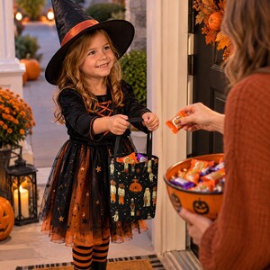 A black and orange witch costume featuring a pointed hat, a dress with a lace-up bodice and tulle skirt, and striped leggings. A black trick-or-treat bag with a Halloween-themed print is held, containing various small candy wrappers.