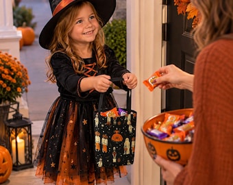 Handmade Halloween Trick or Treat tote,  Reusable candy bag With Two Sizes