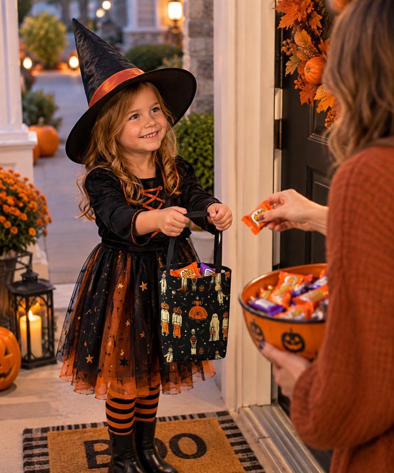A black and orange witch costume featuring a pointed hat, a dress with a lace-up bodice and tulle skirt, and striped leggings. A black trick-or-treat bag with a Halloween-themed print is held, containing various small candy wrappers.