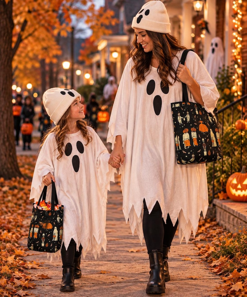 Two white ghost costumes featuring black oval eyes and mouth prints, paired with matching cream-colored beanies. Each costume includes a black tote bag decorated with a repeating pattern of pumpkins and figures, worn over black leggings.