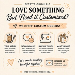May include: An informational graphic titled BETSY'S ORIGINALS LOVE SOMETHING But Need it Customised? WE OFFER CUSTOM ORDERS! It features icons of a spool of thread, speech bubbles, a sewing machine, and a gift box, with text explaining the custom order process.