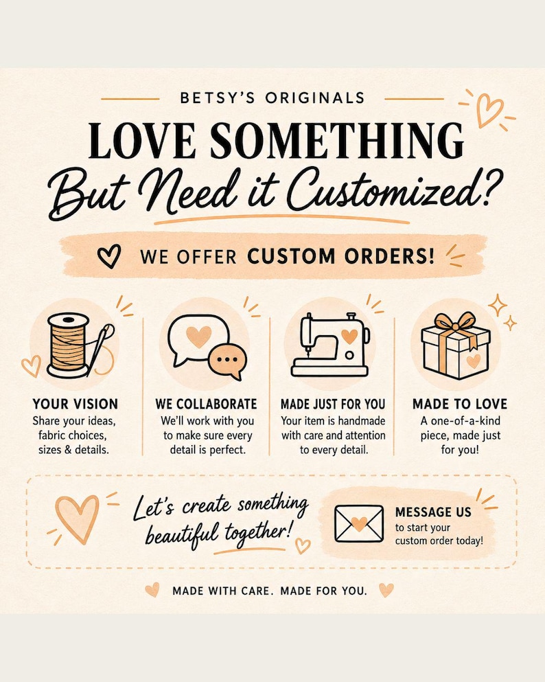 May include: An informational graphic titled BETSY'S ORIGINALS LOVE SOMETHING But Need it Customised? WE OFFER CUSTOM ORDERS! It features icons of a spool of thread, speech bubbles, a sewing machine, and a gift box, with text explaining the custom order process.