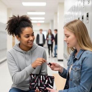 May include: A black cosmetic bag with a lipstick pattern is held by a person in a grey hoodie. Another person in a denim jacket holds a lipstick. The bag features a repeating pattern of pink, white, and red lipsticks.