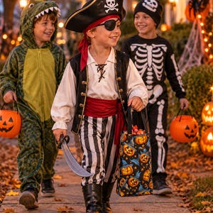 A pirate costume featuring a black and white striped pant, a white long-sleeve shirt, a black vest with gold buttons, a red sash, a black pirate hat with a skull emblem, an eye patch, and a plastic sword, paired with a pumpkin print bag.