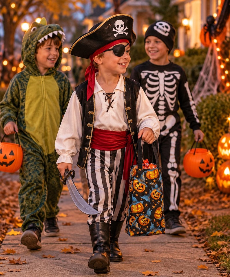 A pirate costume featuring a black and white striped pant, a white long-sleeve shirt, a black vest with gold buttons, a red sash, a black pirate hat with a skull emblem, an eye patch, and a plastic sword, paired with a pumpkin print bag.