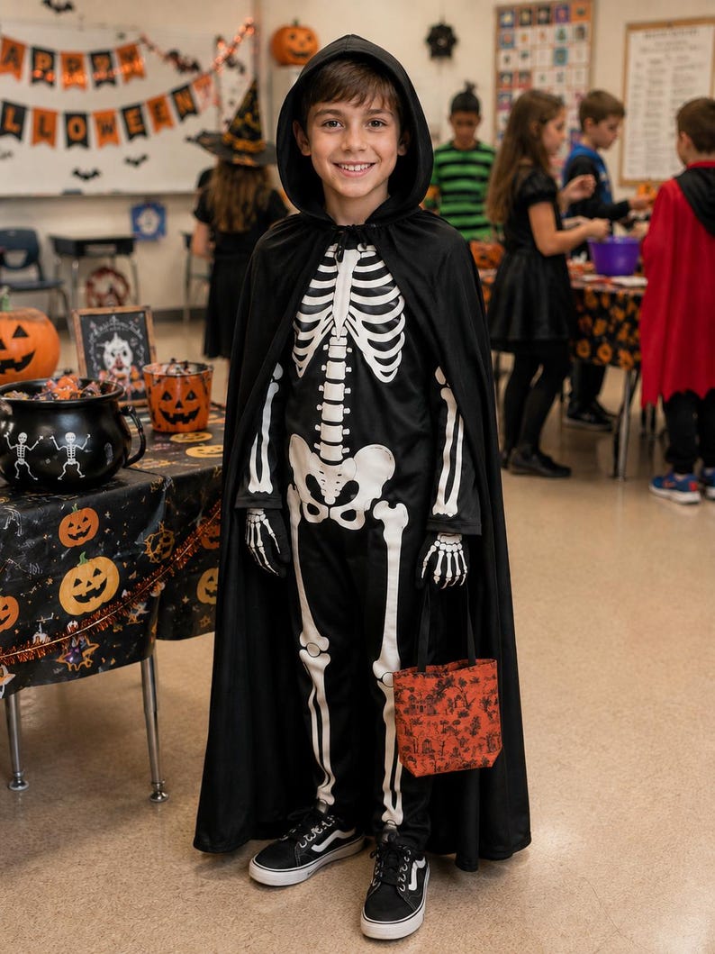 A black hooded cape worn over a black jumpsuit featuring a white skeleton print on the front. The costume includes matching skeleton-printed gloves and is paired with black and white sneakers while holding a small orange patterned bag.