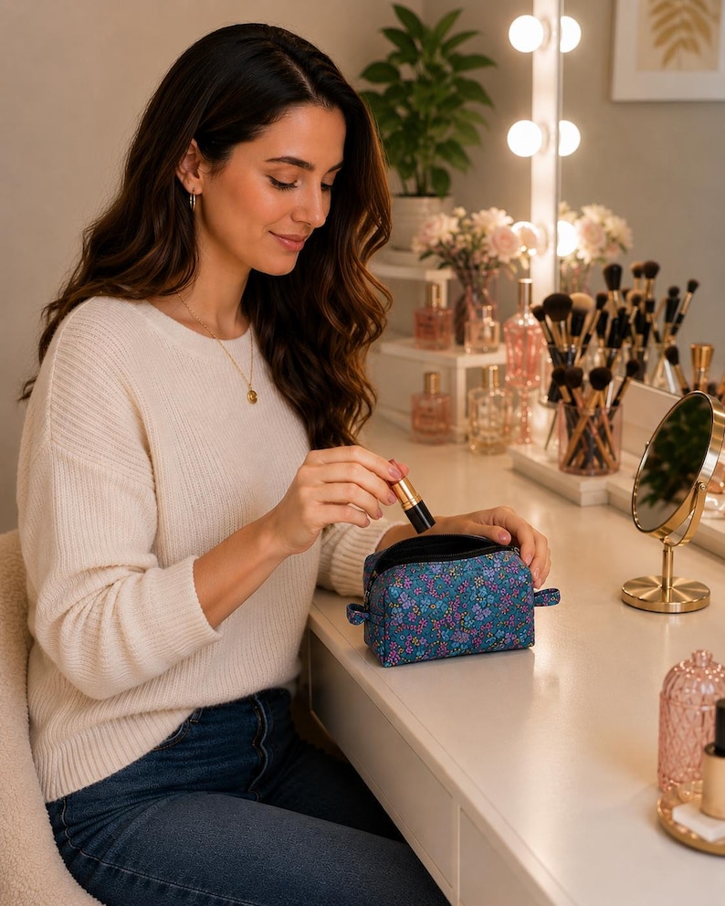 A smiling woman sits at a vanity table, holding a small lipstick next to an open blue floral-patterned zippered cosmetics pouch.