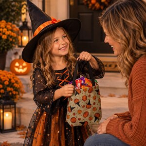 A beige fabric trick-or-treat bag featuring a repeating pattern of orange pumpkins and black witch hats, equipped with two black handles and filled with assorted colorful candy wrappers, held by a child in a witch costume.