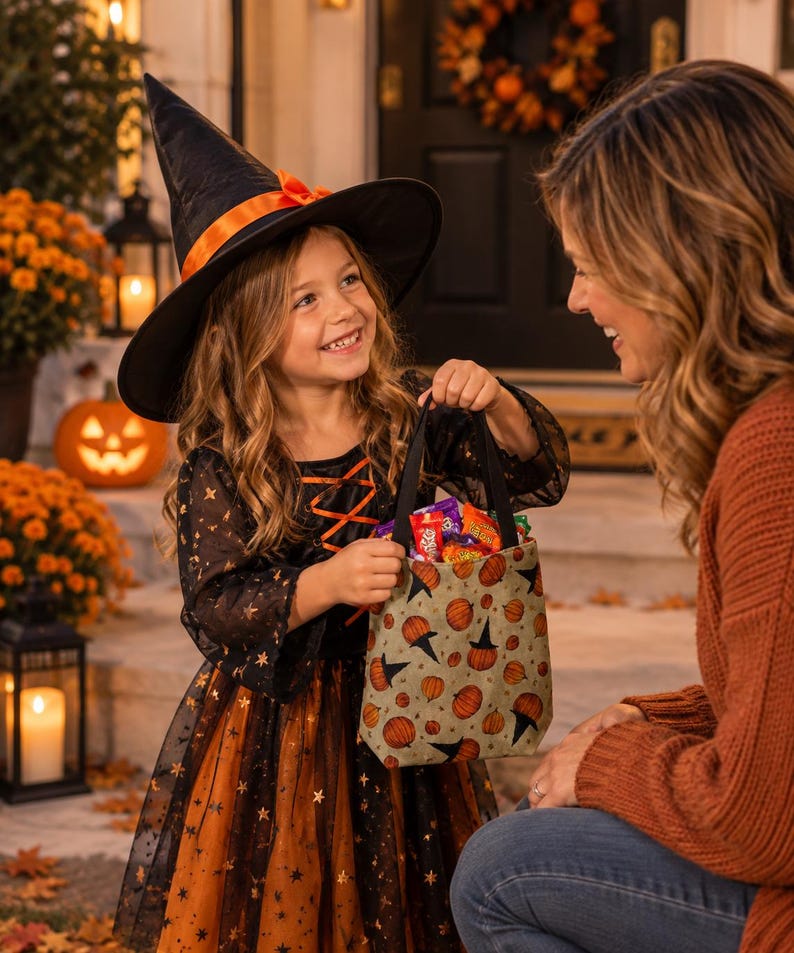 A beige fabric trick-or-treat bag featuring a repeating pattern of orange pumpkins and black witch hats, equipped with two black handles and filled with assorted colorful candy wrappers, held by a child in a witch costume.