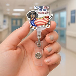 Bobine de badge teckel patriotique, porte-carte d'identité amusant du 4 juillet, clip pour badge d'infirmière hot-dog, bobine de badge rétractable pour chien viennoise