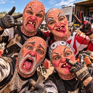 May include: Four individuals wearing realistic, textured silicone masks depicting elderly faces with exaggerated features, missing teeth, and wrinkled skin. They are dressed in mud-splattered motocross jerseys and black protective gloves.