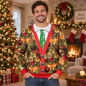 May include: A long-sleeve crewneck sweatshirt featuring a photorealistic print of a Christmas tree with ornaments and lights, a red V-neck cardigan overlay, a white collared shirt collar, and a green necktie with a snowman pattern.