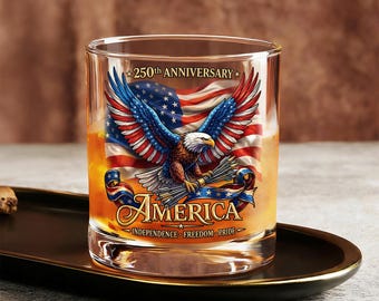 USA 250th Anniversary Whiskey Glass: Patriotic Eagle Flag Rocks Glass, Independence Day