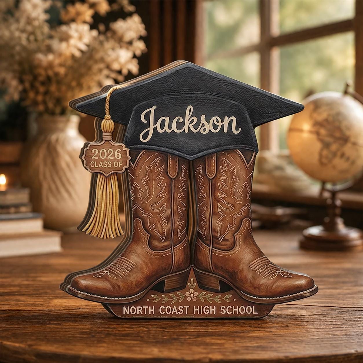 Personalized Wooden Block, Graduation Cowboy Boots Decor, Class of 2026 ...