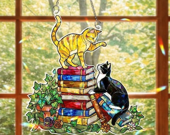 Adorno colgante de ventana con forma de gato, holograma acrílico, pila de libros, decoración para plantas.