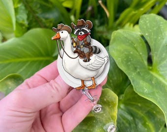 Funny Cowboy Raccoon Riding Goose Badge Reel: Novelty ID Holder