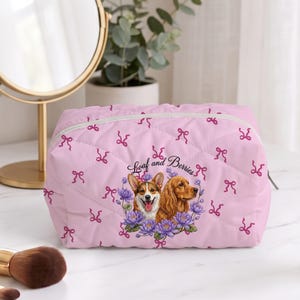 Personalized Quilted Makeup Pouch Pet Portrait Cosmetic Bag Floral Pet Toiletry Case